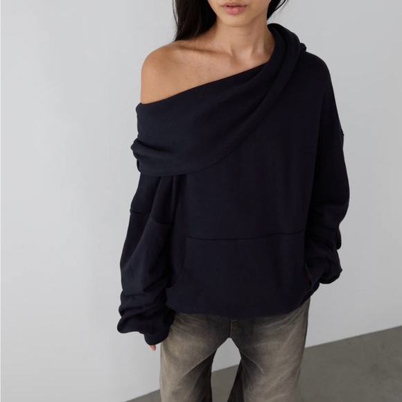 OAK + FORT High Neck Oversized Hoodie Sz S  Black Slouchy Boxy Edgy Grunge Punk - Picture 3 of 11